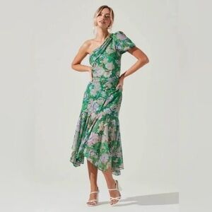 NWOT ASTR the Label Santorini Green Lilac Multi Floral One Shoulder Dress 💚🪻💜